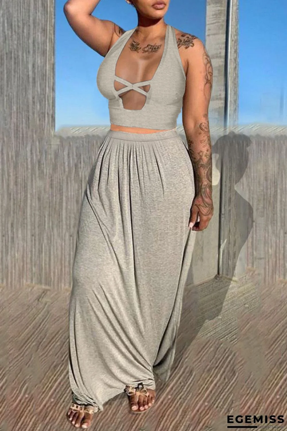 Grey Sexy Casual Solid Hollowed Out Backless Halter Sleeveless Two Pieces | EGEMISS