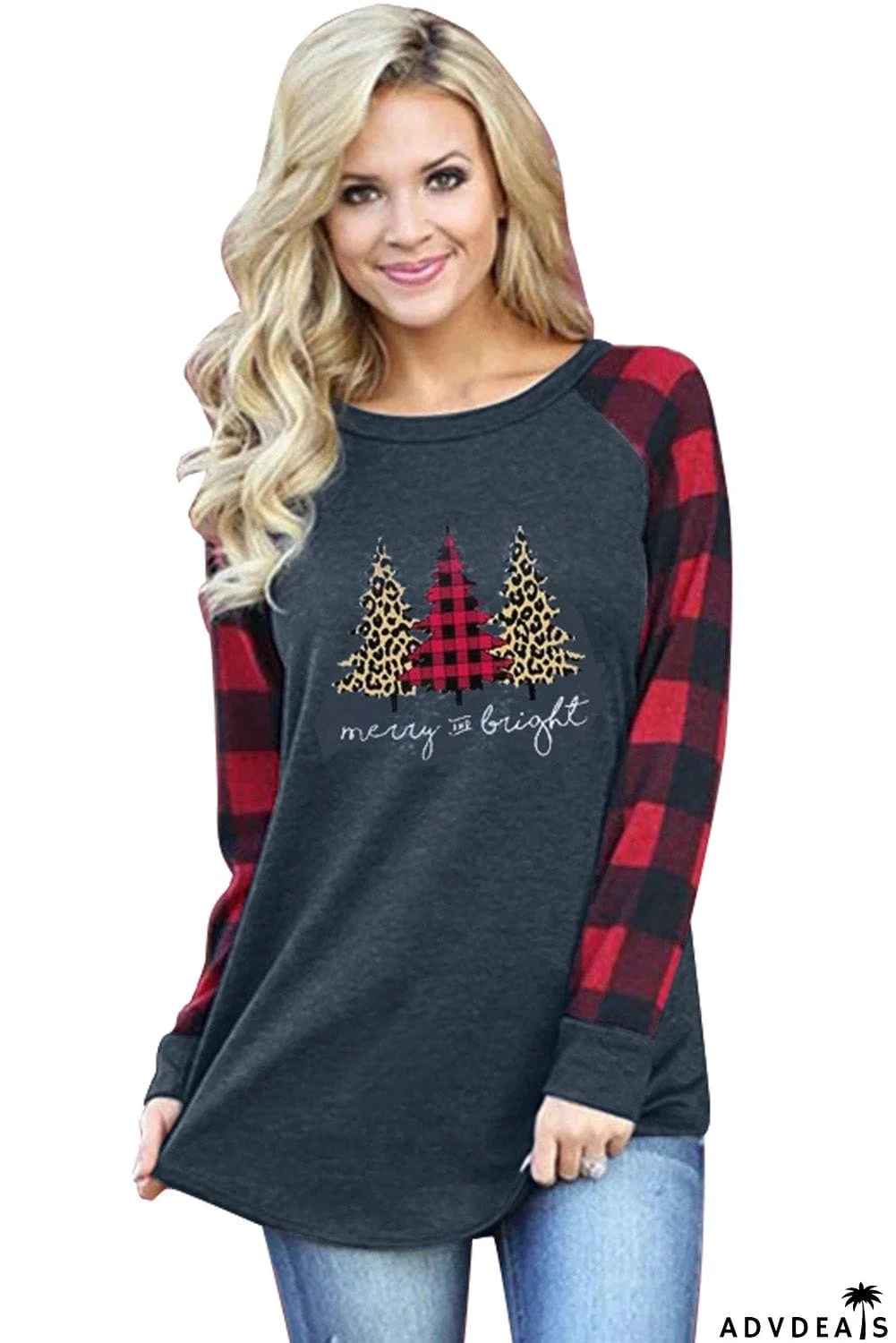 Christmas Pattern Plaid Splice Long Sleeve Top