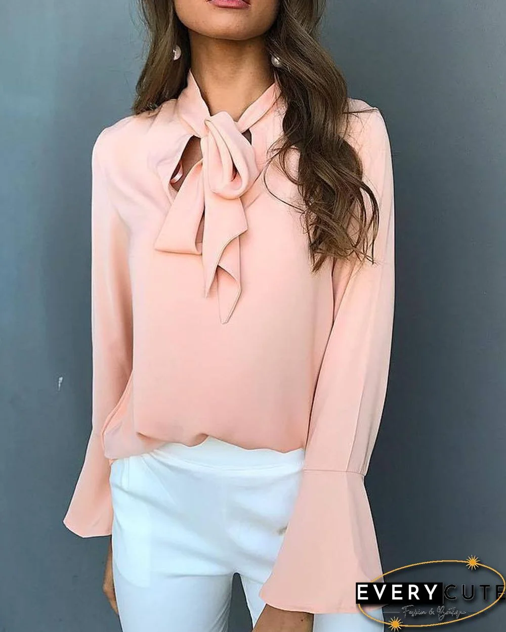Stylish Solid Tie Neck Flared Sleeve Blouse P15682