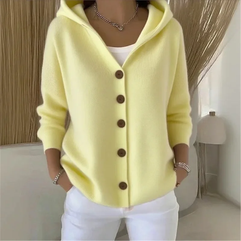 Athvotar Athvotar Knitted Hooded Sweater Button Open Shirt Jacket Autumn And Winter New Solid Color Casual Fashion Sweater