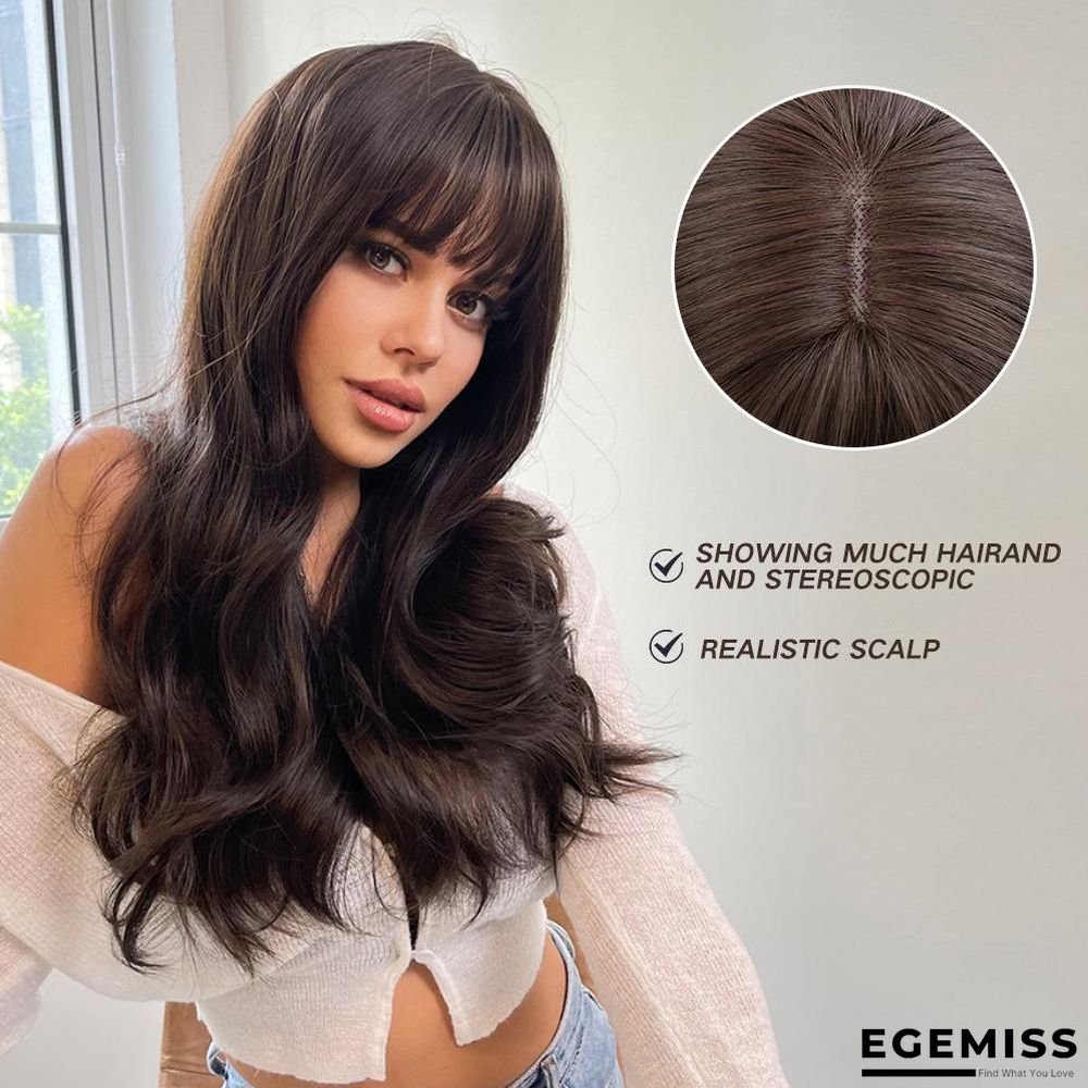 Long Brown Wigs with Bangs  Wave Synthetic Wigs for  Women | EGEMISS