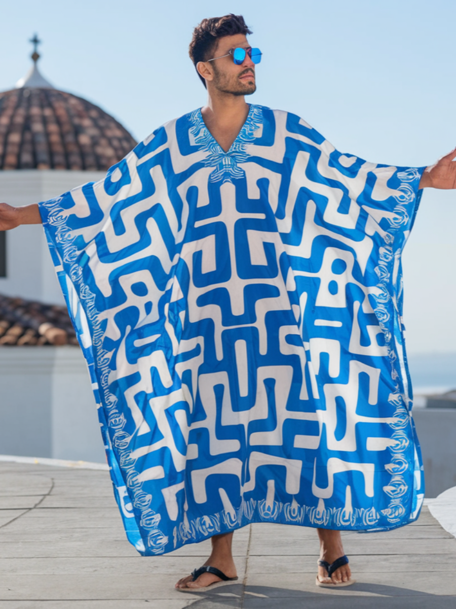 Men's Blue Labyrinth Polyester V-Neck Kaftan