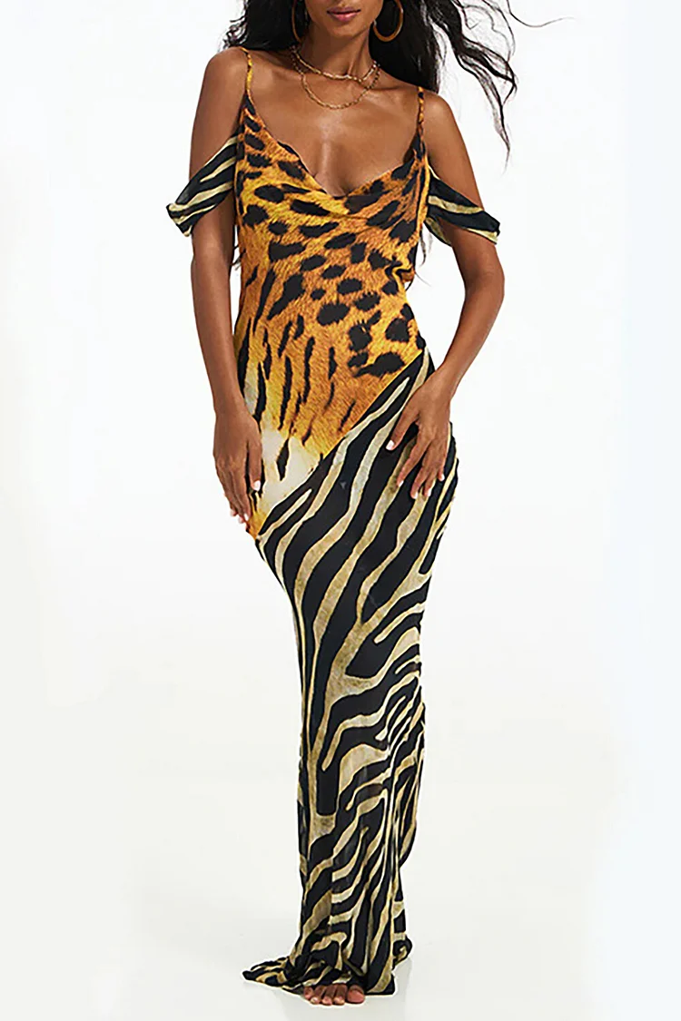 Leopard Zebra Print Drop Shoulder Slim Fit Slip Maxi Dresses-Yellow