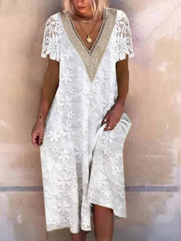 Women's Embroidered V-neck Lace Patchwork Short Sleeved Mid Length Dress