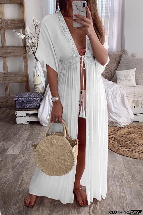 Crochet Lace Insert Long Cardigan