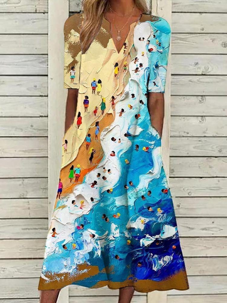 Women's Abstract Beach Tourist Print Short Sleeve Maxi Dress