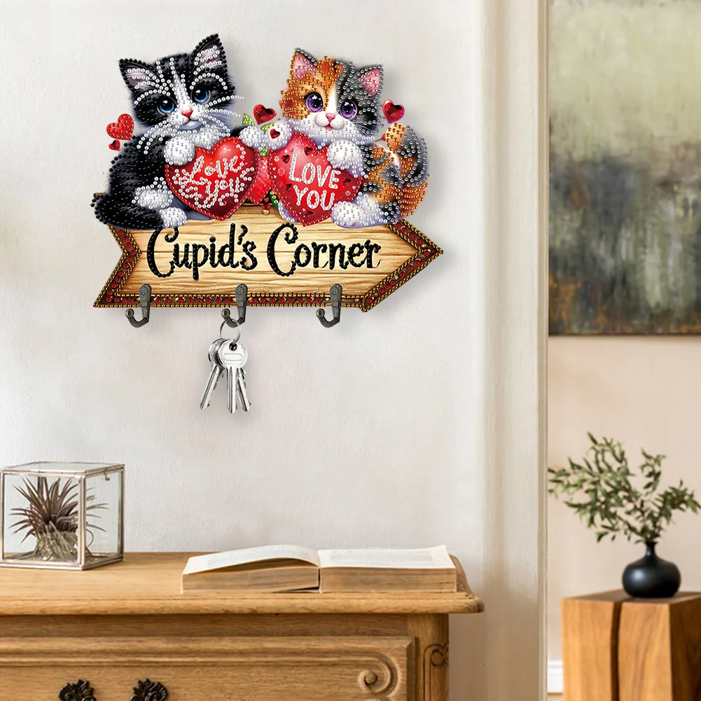 5D DIY Love Cat 3 Hooks Special Shape Diamond Painting Wooden Hook Rail for Wall