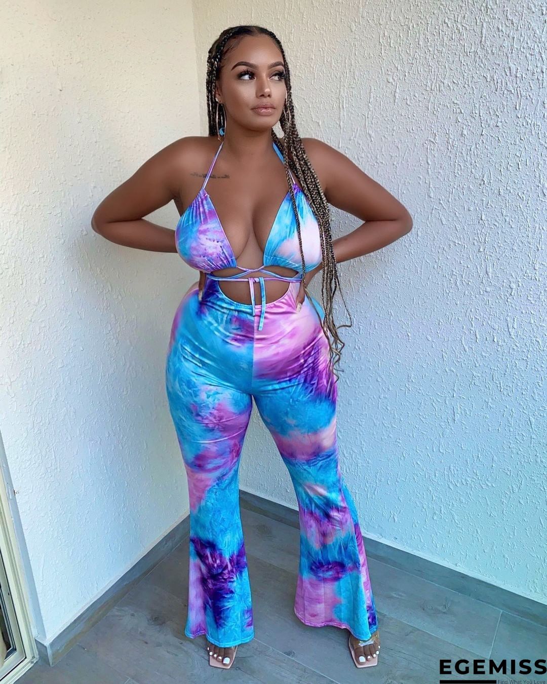 Rose Red Sexy Print Hollowed Out V Neck Skinny Jumpsuits | EGEMISS