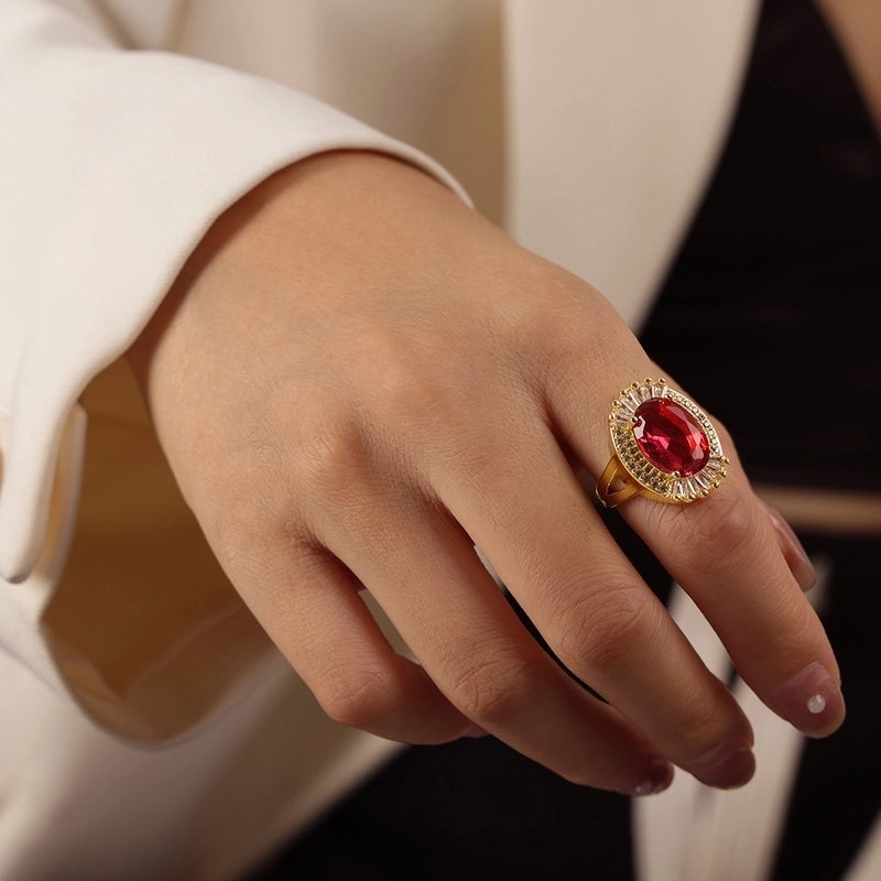 Elegant Minimalist Oval Copper Plating Inlay Zircon 18k Gold Plated Rings