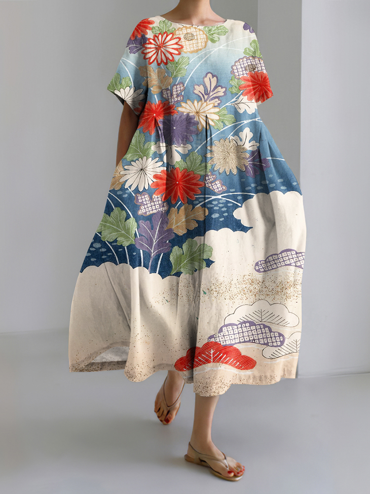 Comstylish Women's Japanese Floral Art Print Linen Dress