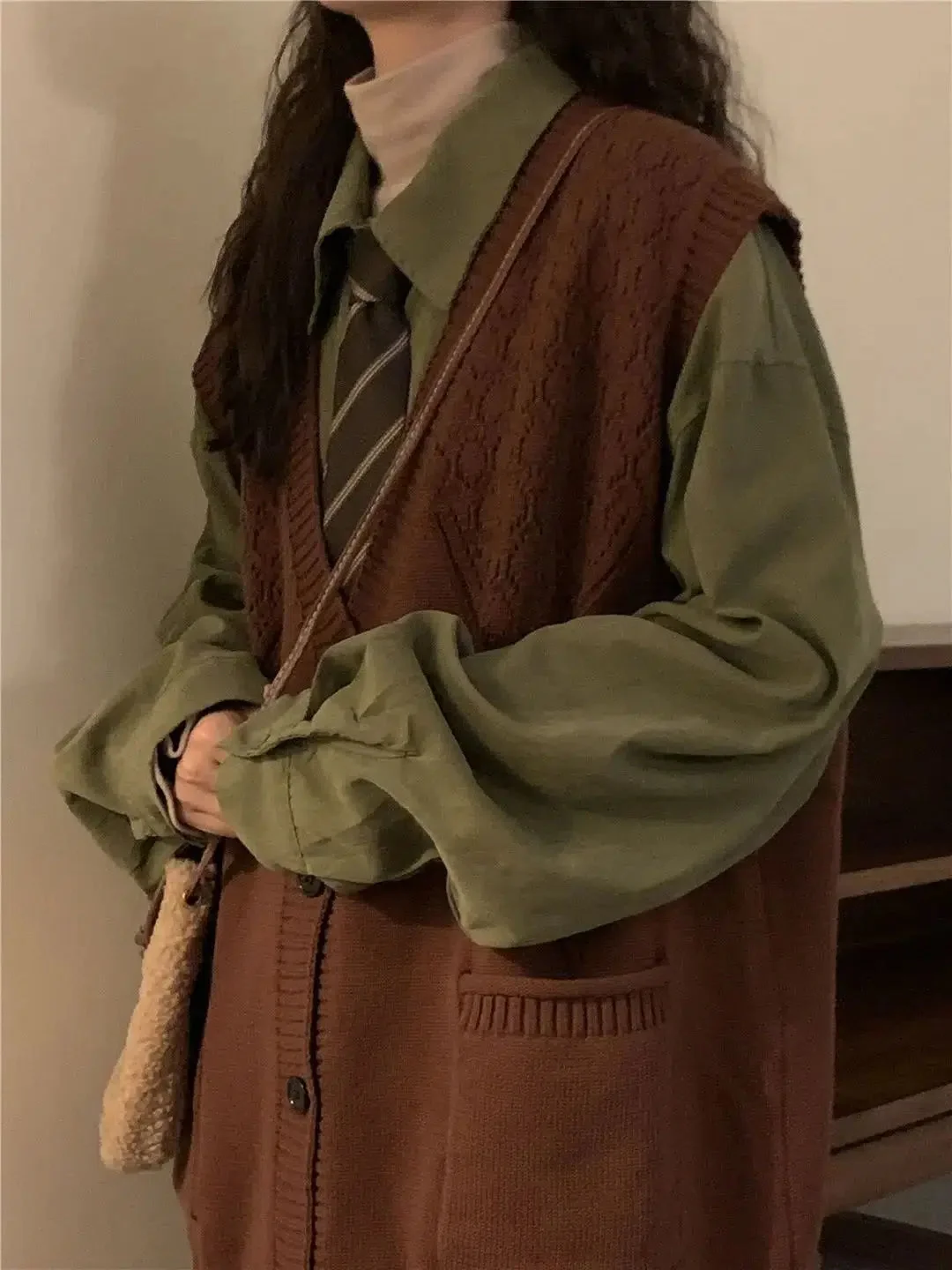 Brownm Academia Deep V-Neck Sleeveless Cardigan