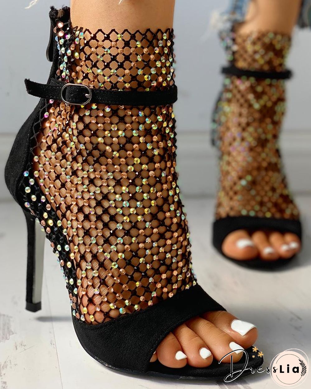 Studded Grid Mesh Open Toe Thin Heels