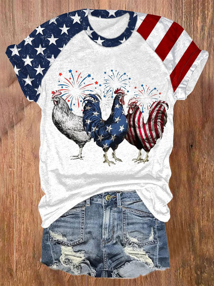 Comstylish Women's Patriotic USA Chicken Print Round Neck T-Shirt