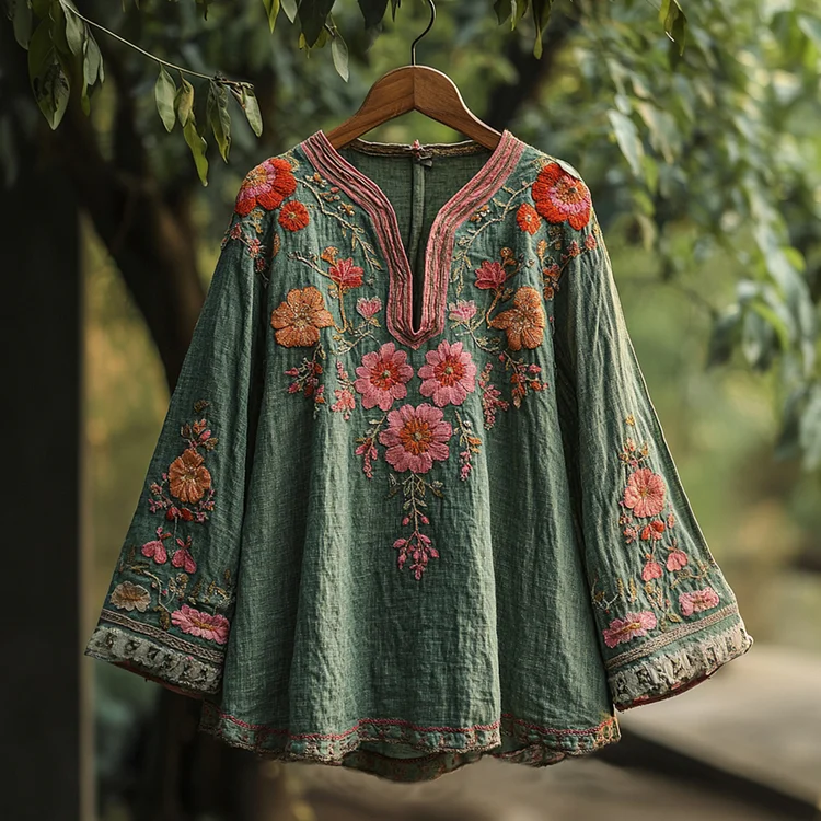 Utbros Women's Bohemian Vacation Vintage Floral Long Sleeve Shirt