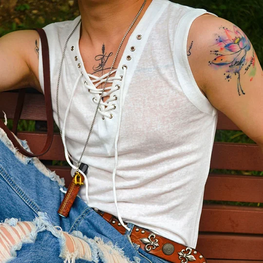 Roman Style Strap V-neck Sexy Slim Sleeveless Vest T-shirt Seaside Vacation Cotton Vest Lixishop 