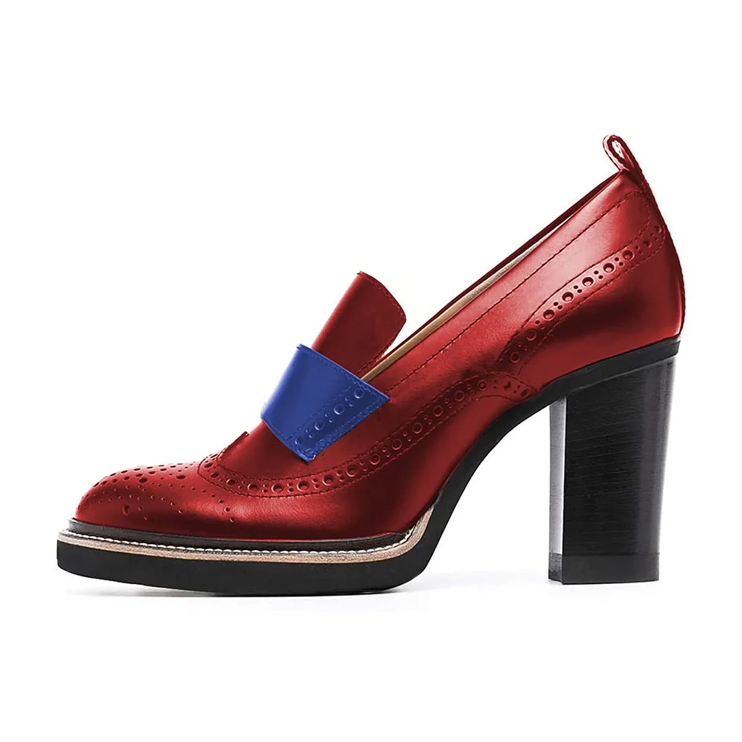 Classic Red Round Toe Chunky Heeled Loafers with Perforated