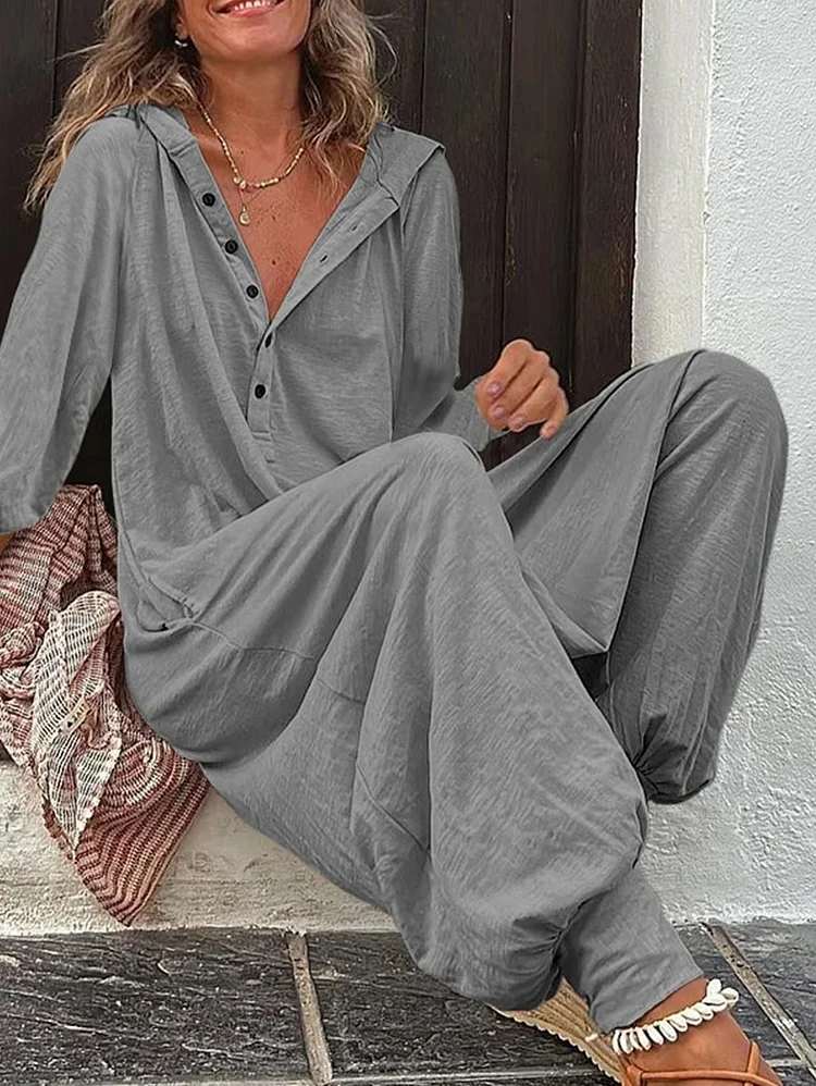 Casual Button Loose Side Pocket Long Sleeve Hooded Jumpsuit
