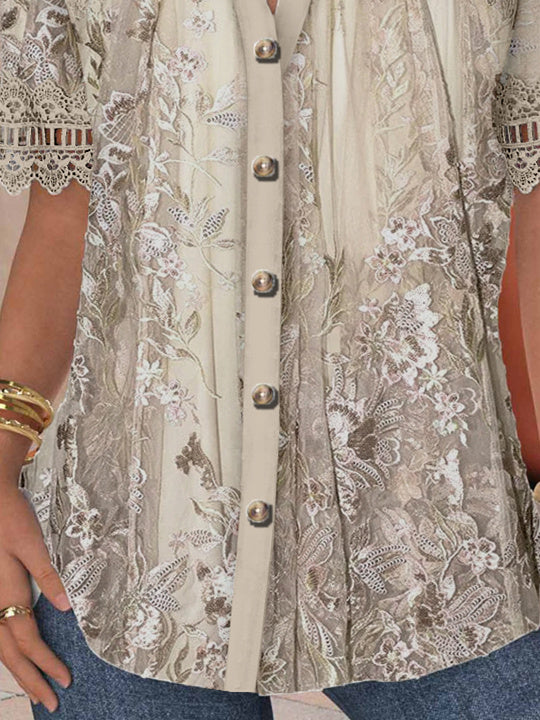 Women Short Sleeve V-neck Floral Printed Graphic Lace Hollow Stitching Button Tops