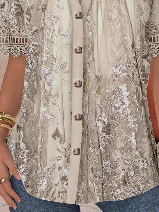 Women Short Sleeve V-neck Floral Printed Graphic Lace Hollow Stitching Button Tops