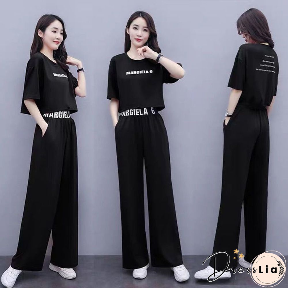 Leisure Sweat Suits Women Matching Summer New Fat Sister Loose Foreign Style Top Wide Leg Pants Two Piece Set Plus Size Clothing