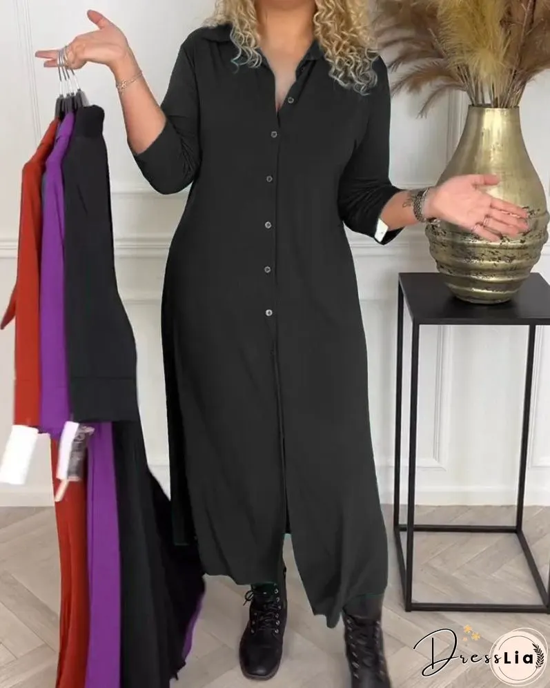 Buttoned solid color shirt dress