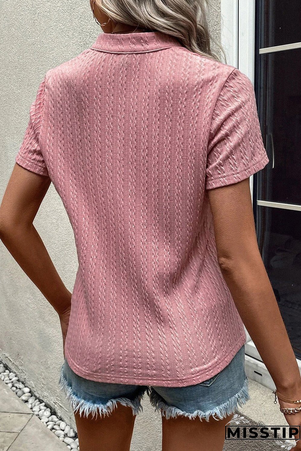 Textured Notched Short Sleeve T-Shirt