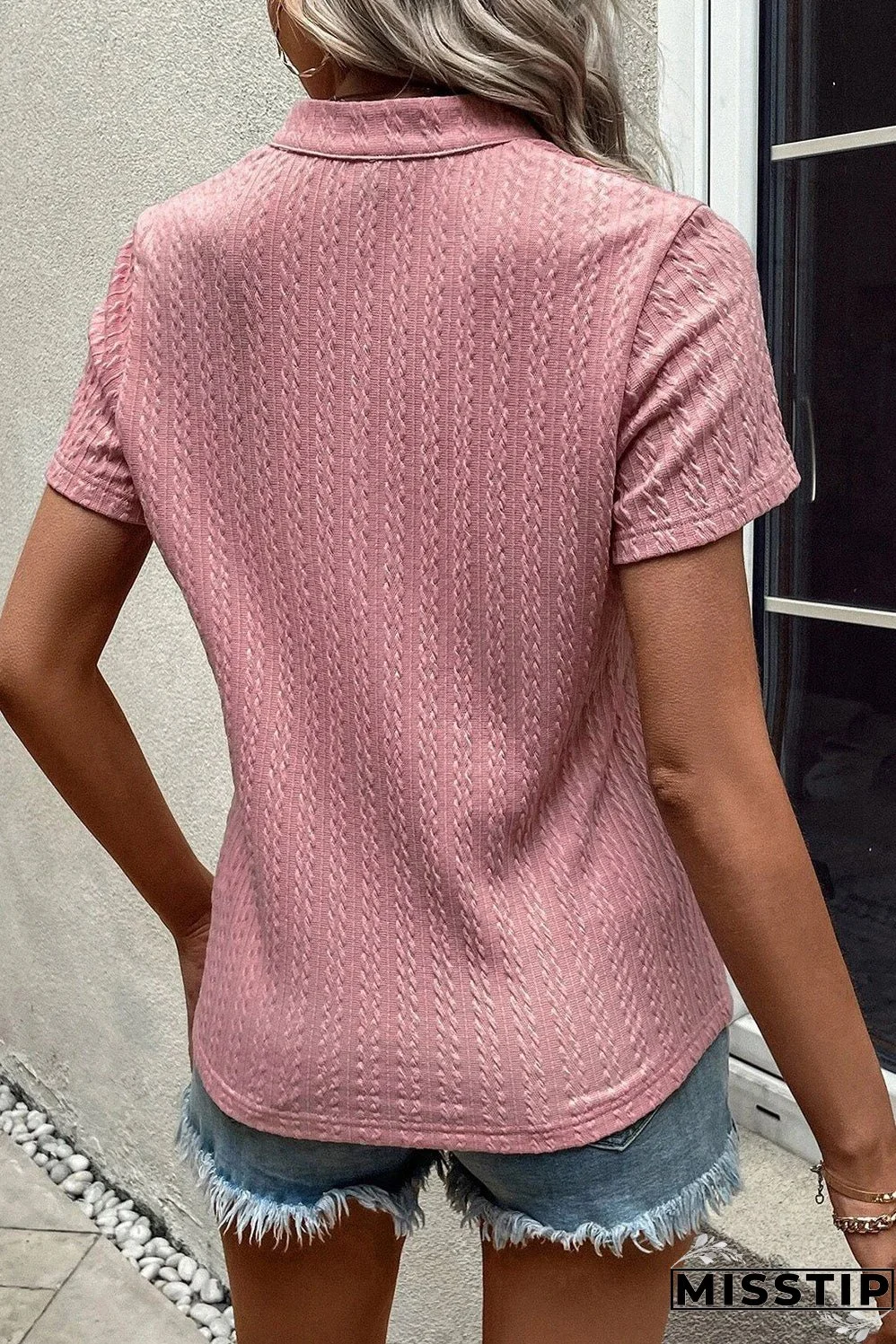 Textured Notched Short Sleeve T-Shirt