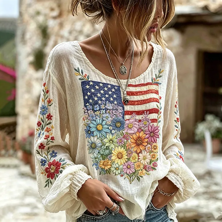 Women's Vintage Boho Floral Patchwork Art Print Linen Blend T-shirt