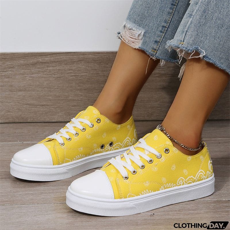 Cute Round Toe Lace Up Cartoon Print Canvas Loafers for Women