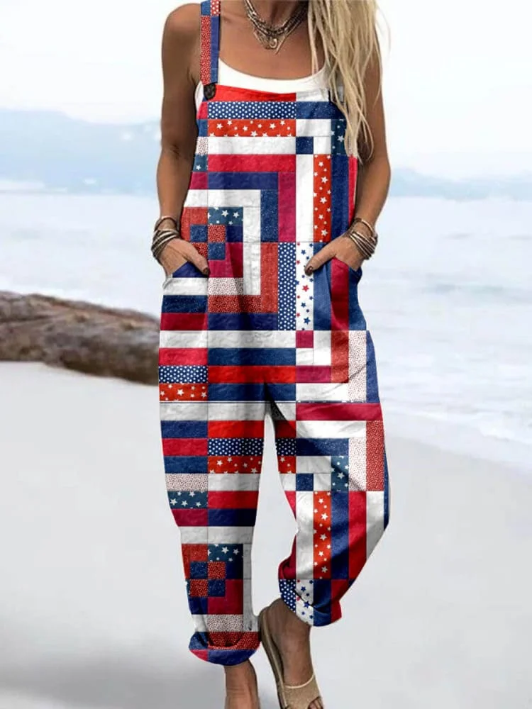 Women's Vintage Independence Day Print Casual Jumpsuit