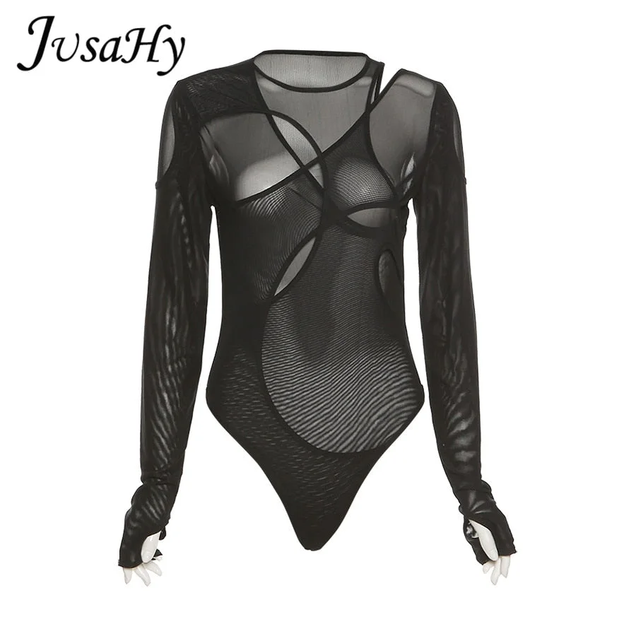 JuSaHy Mesh See Through Women's Bodysuit Soild Fashion Asymmetric Neck Long Sleeves Sexy Party Clubwear Female Summer Rompers