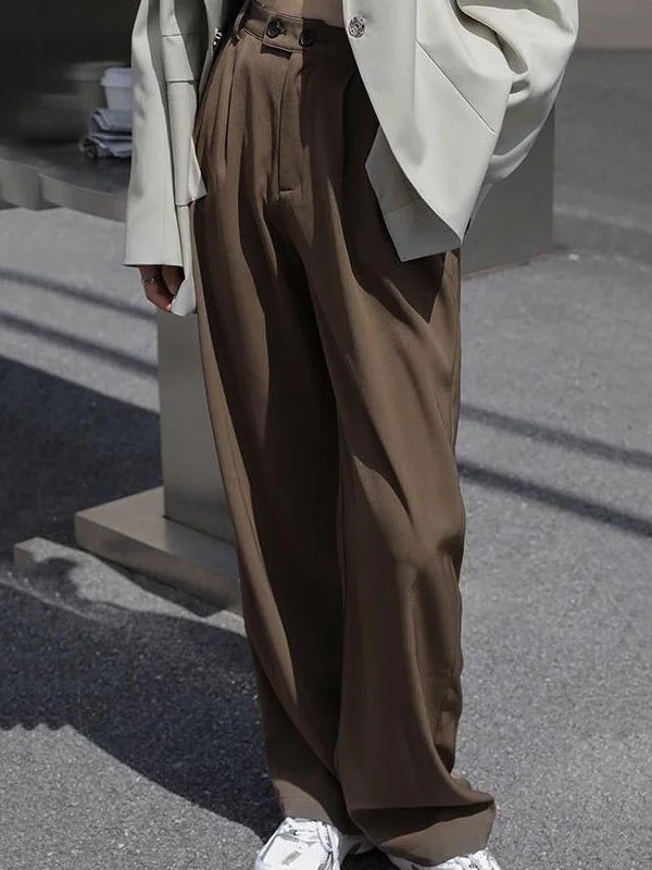 Solid Color Pockets Pleated Buttoned Wide Leg Loose Suit Pants