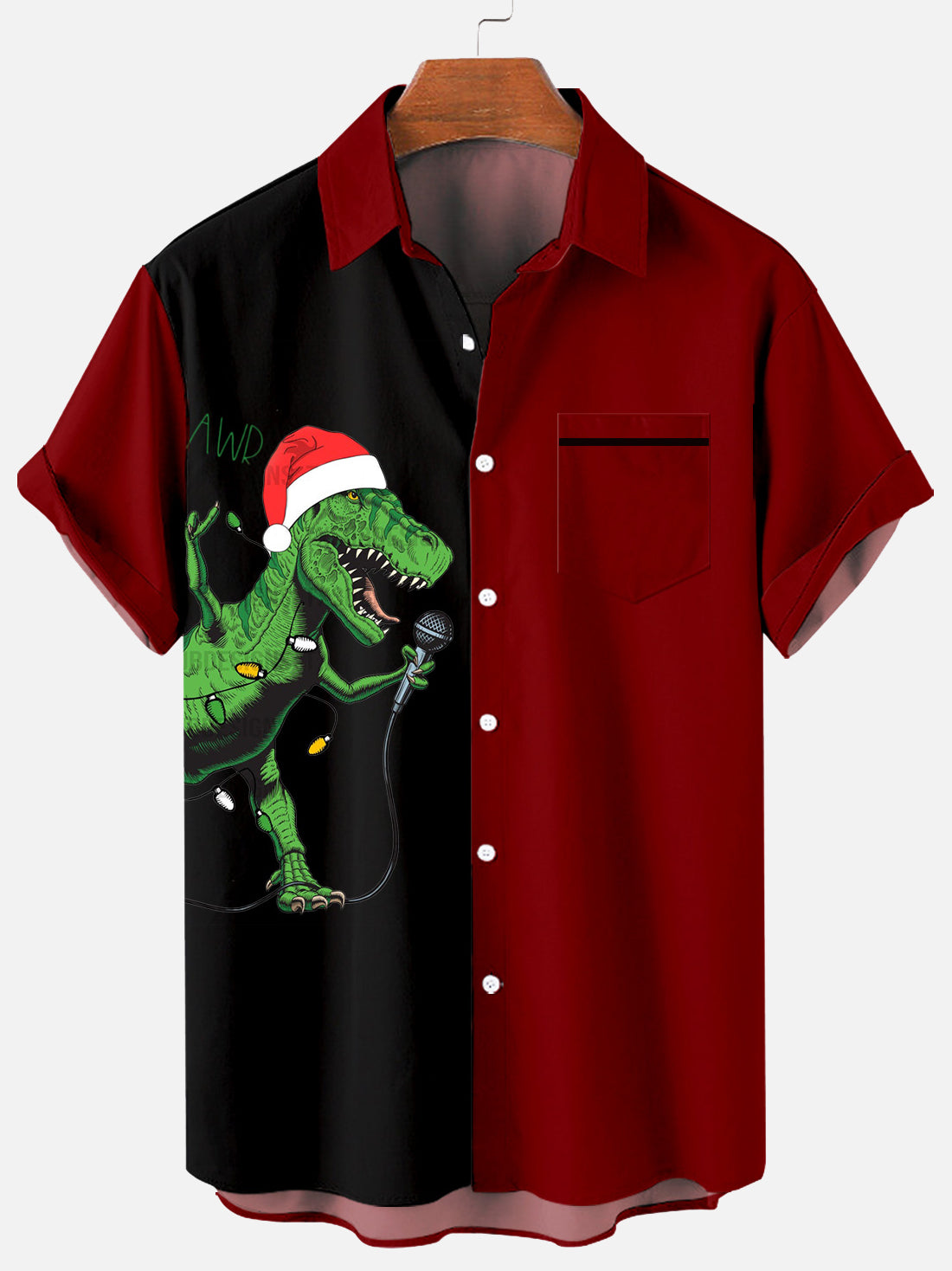 Men  Contrast Color Christmas Dinosaur Print Pocket Front Short Sleeves Shirt PLUSCLOTHESMAN