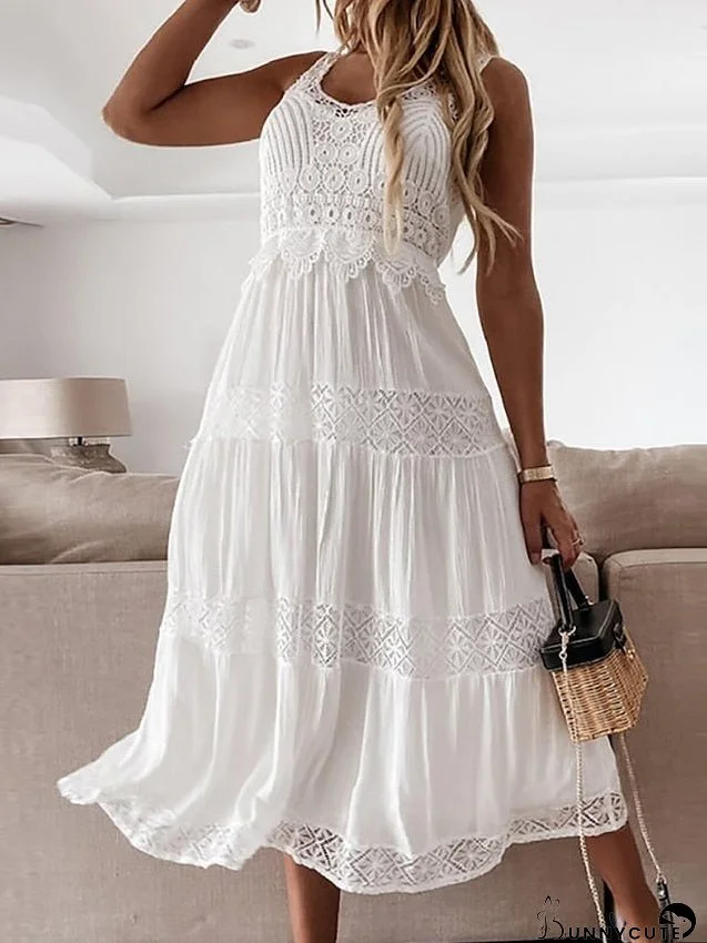 Casual Dress Lace Dress Sheath Dress Plain Lace Patchwork V Neck Midi Dress Elegant Classic Daily Date Sleeveless Regular Fit White Summer Spring S M L XL XXL for Women