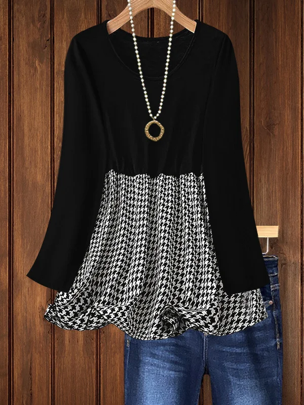 Houndstooth Print Ruffled Hem Patchwork Top
