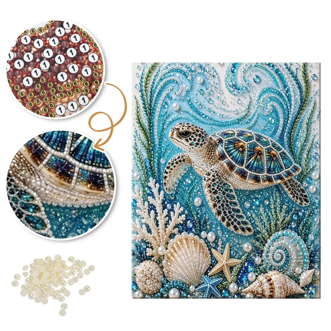 Blue Coral Sea Turtle - Pearls Painting