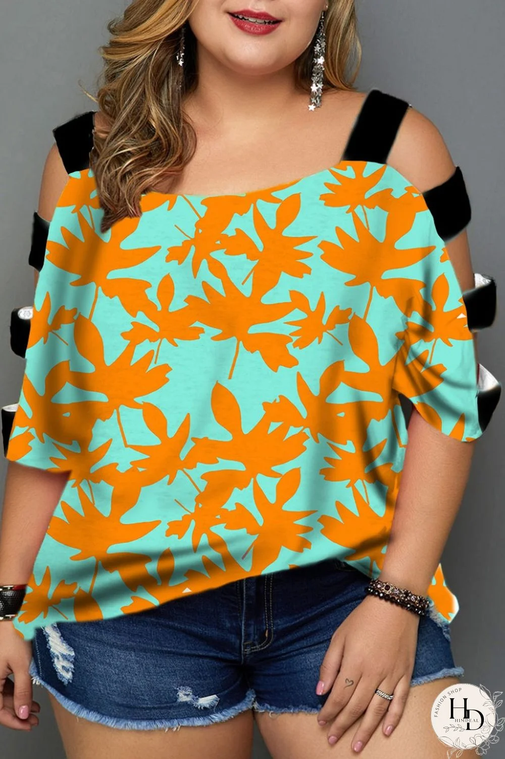 Orange Casual Print Hollowed Out Patchwork O Neck T-Shirts