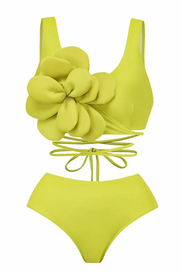 Solid Color Large Flower Decoration High Waist Elastic Two Piece Bikini Swimsuit