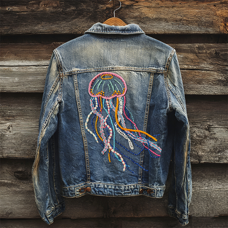 Colorful Jellyfish Art Washed Denim Jacket wearshes