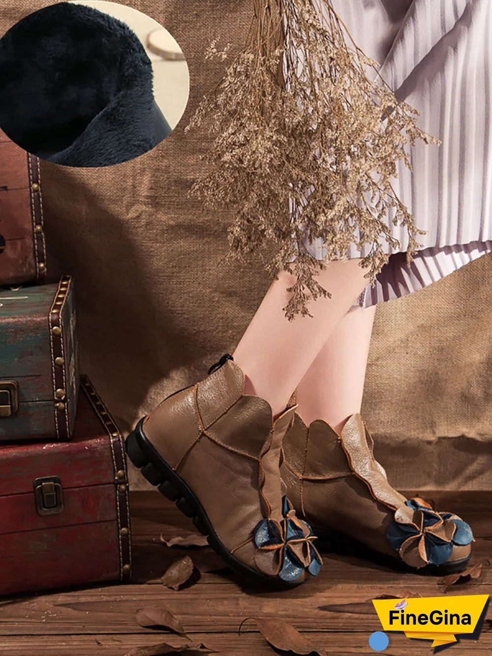 Women Winter Retro Leather Flower Spliced Ankle Boots