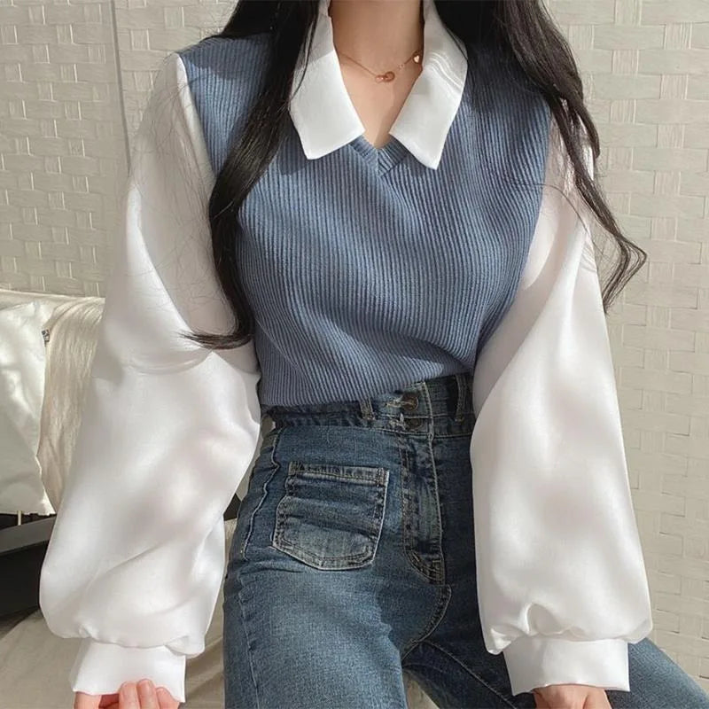 Aiertu Thread of Screw False Two-piece Polo Collar Sweatshirts Women Korean Patch Fashion Loose Female Pullovers Autumn Winter Y2k Tops Aiertu