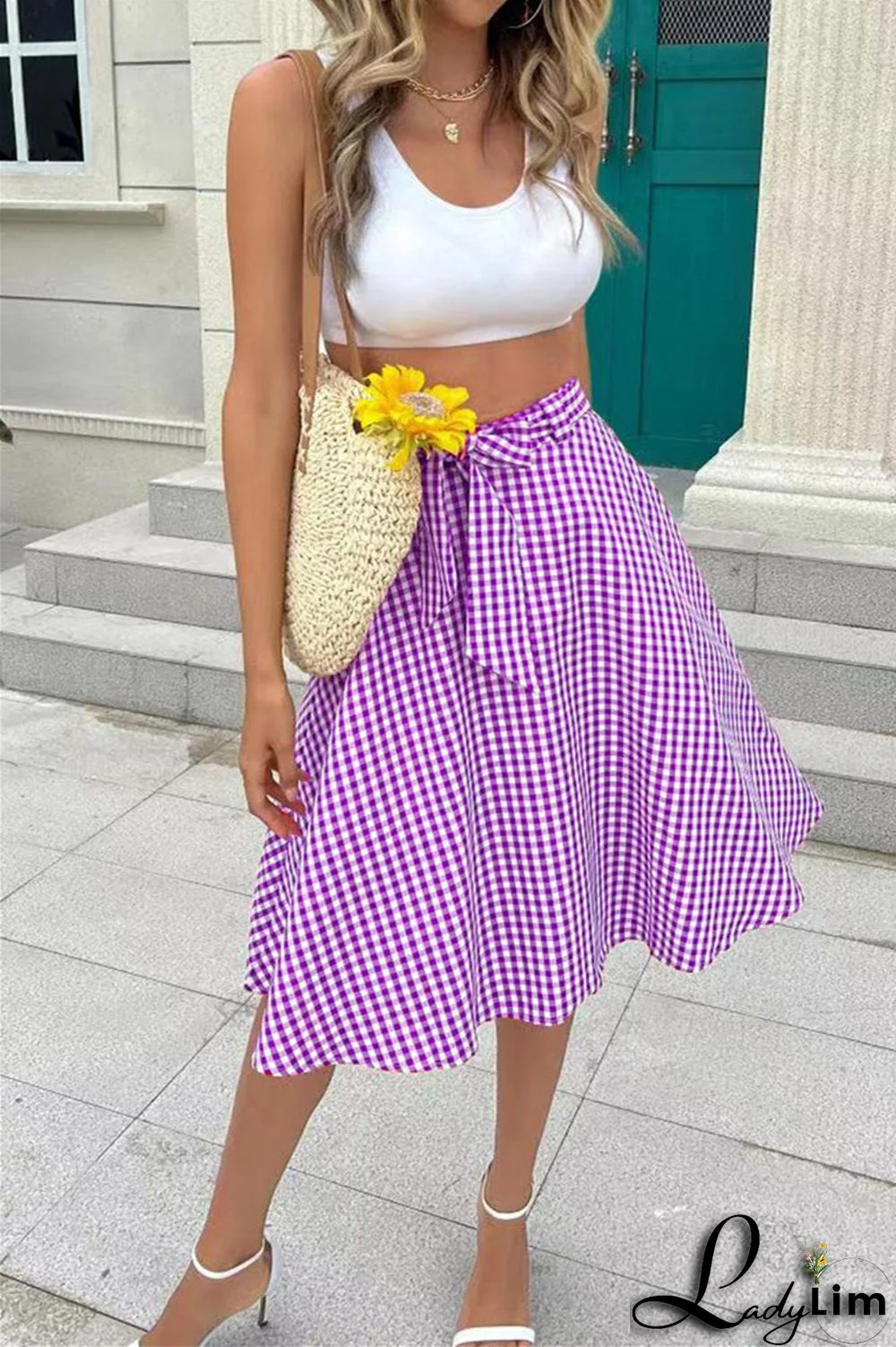 Grey Fashion Casual Plaid Print Patchwork Regular High Waist Skirt