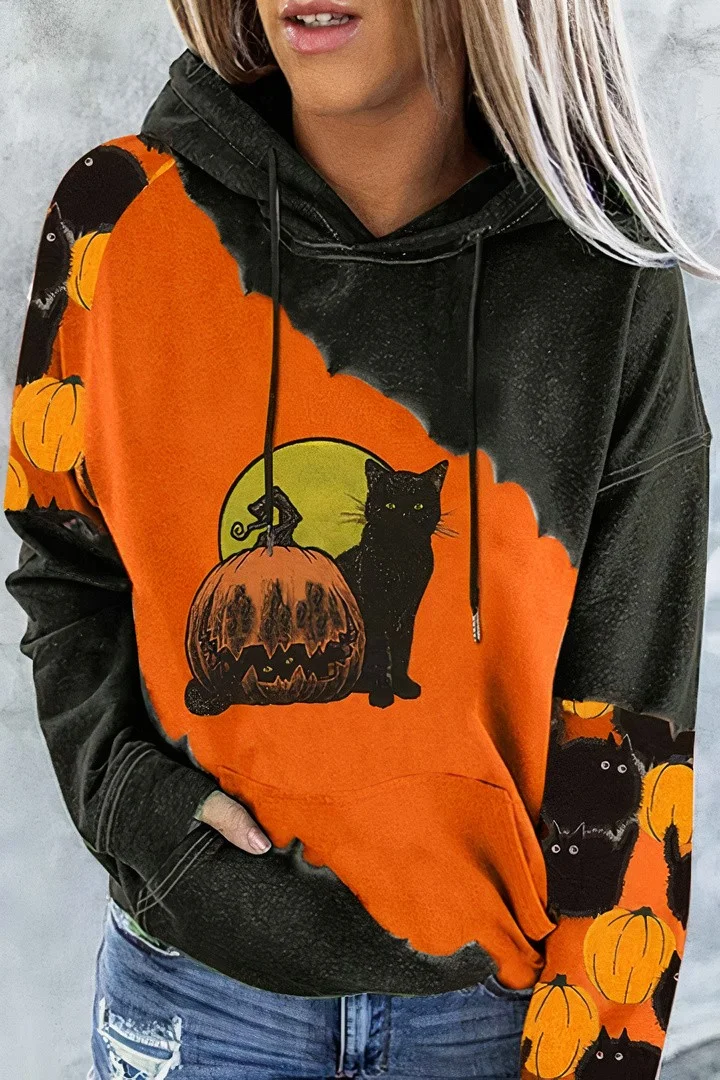 Colorblock Halloween Print Drop Shoulder Drawstring Hoodie