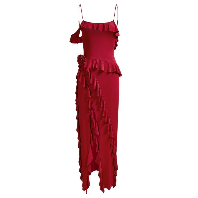 Uveng Uveng Spring Hot New Sexy Fashion Pure Color Back Open Fork Splicing Halter Dress