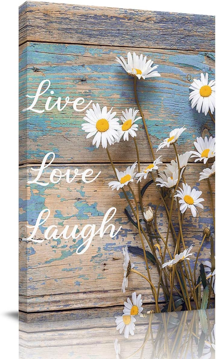 Canvas Wall Art for Bedroom White Daisy Live Love Laugh with Shabby Chic Blue Brown Wood Grain Picture Framed Wall Decor for Living Room Bathroom Framhouse Office Kitchen Decor, 8x12 inches 8 x 12 in