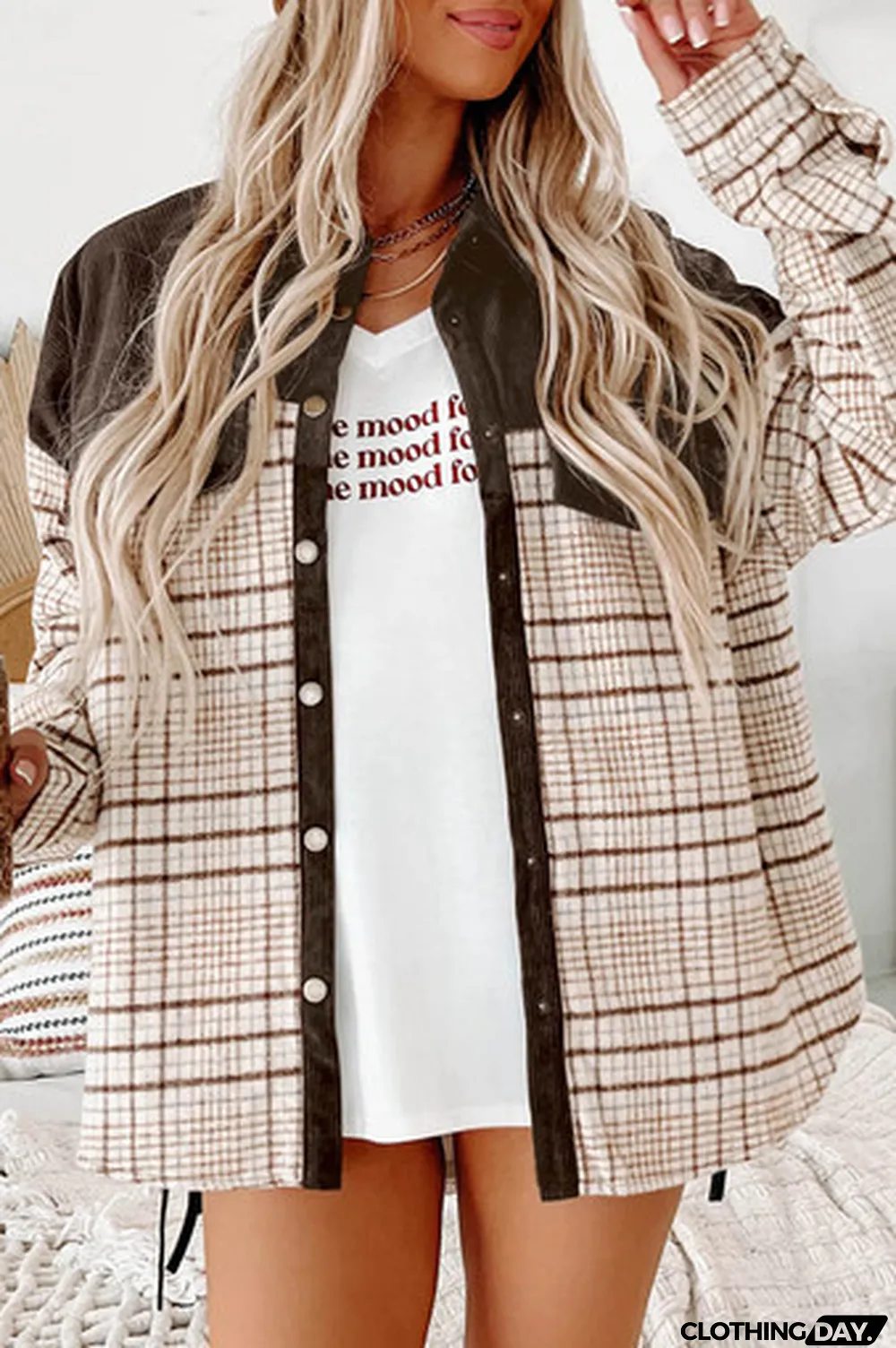 Brown Plaid Patchwork Button-up Shift Shirt Jacket