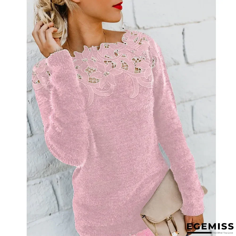 Long Sleeved Sweater Stitched Solid Lace Sweater | EGEMISS