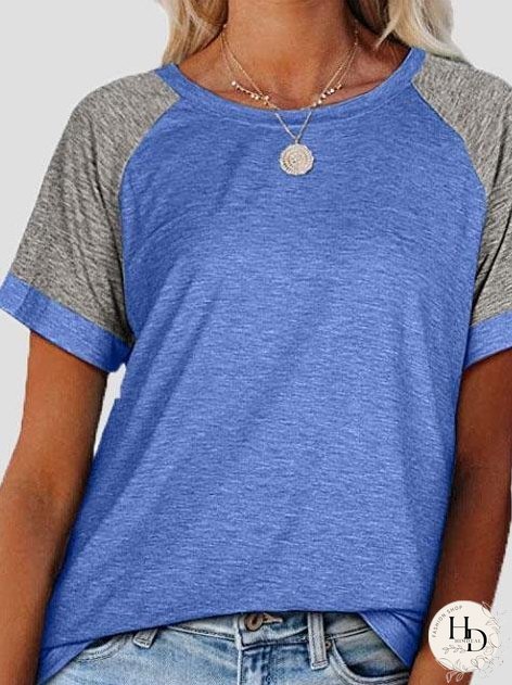 Casual Round Neck Short Sleeve Two Color T-shirts for Women