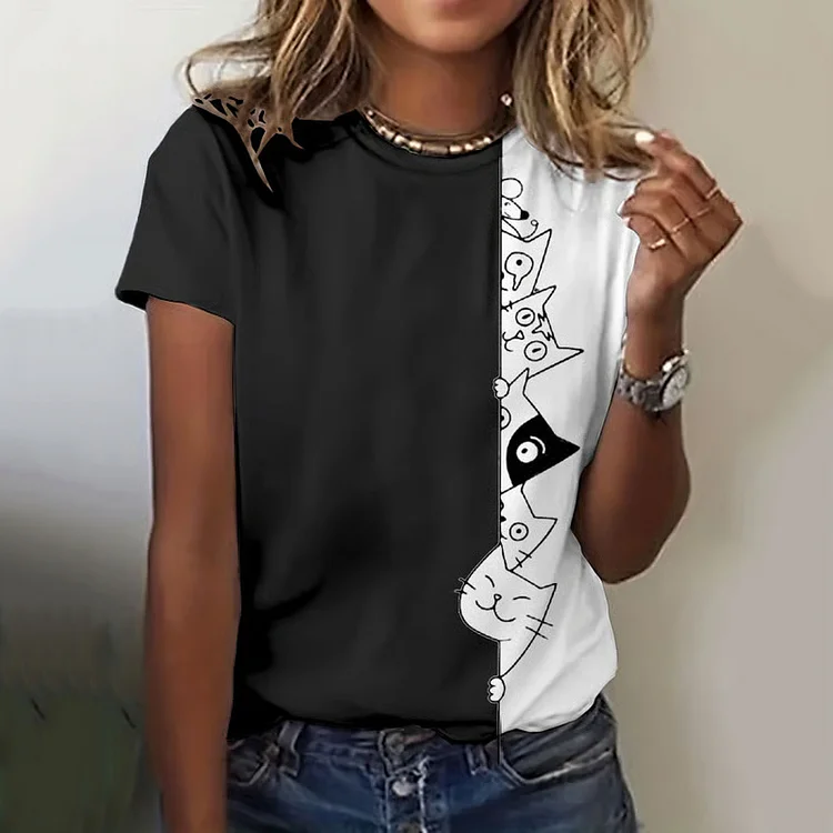 Abstract Creative Cute Black Cat Art Print Cotton Graphic T-shirt