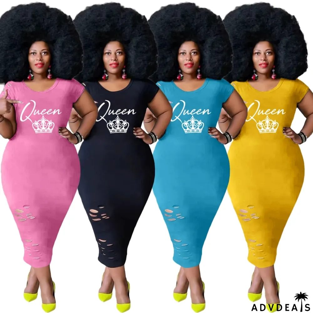 Women Summer Blue Casual O-Neck Short Sleeves Letter Print Midi Pencil Plus Size Shirt Dress